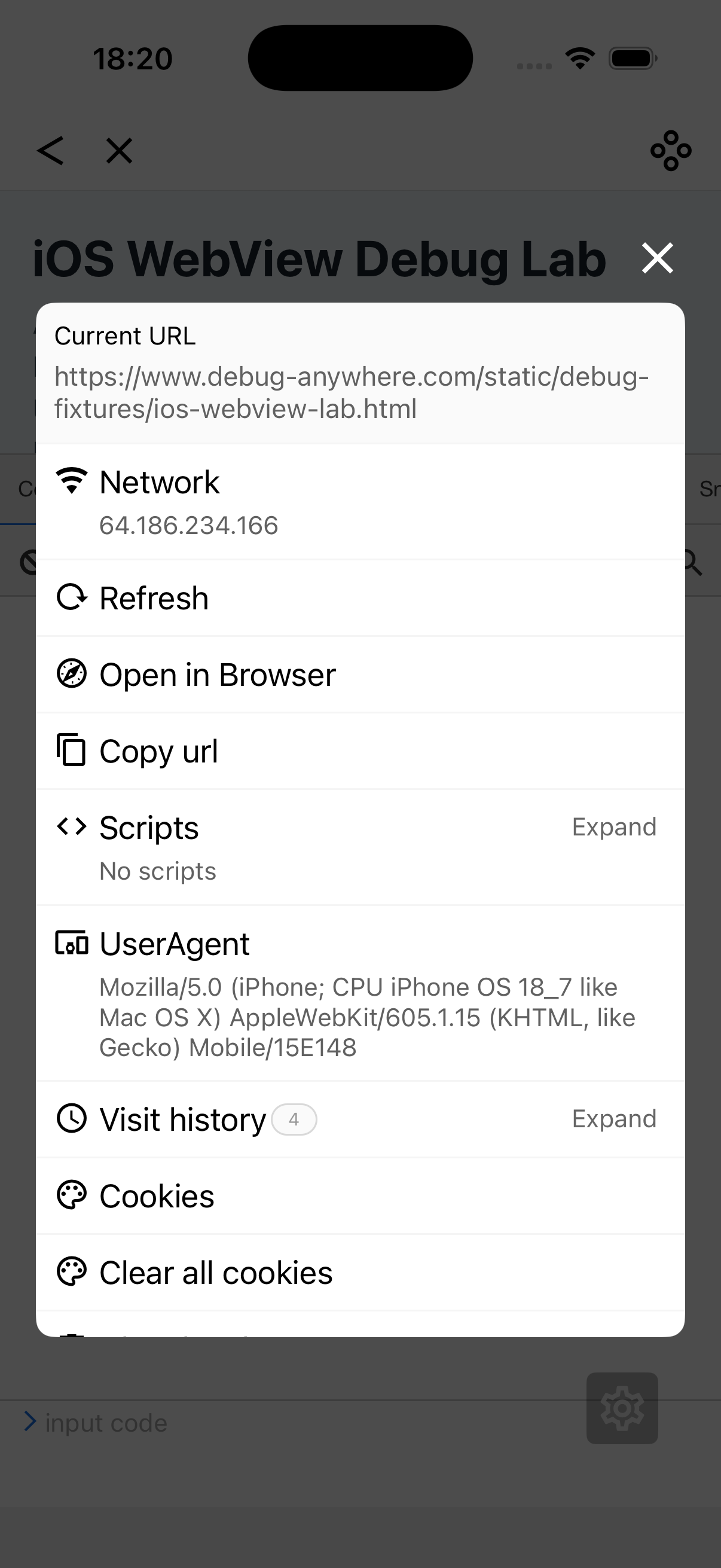 DebugAnywhere iOS WebView tools menu for mobile debugging